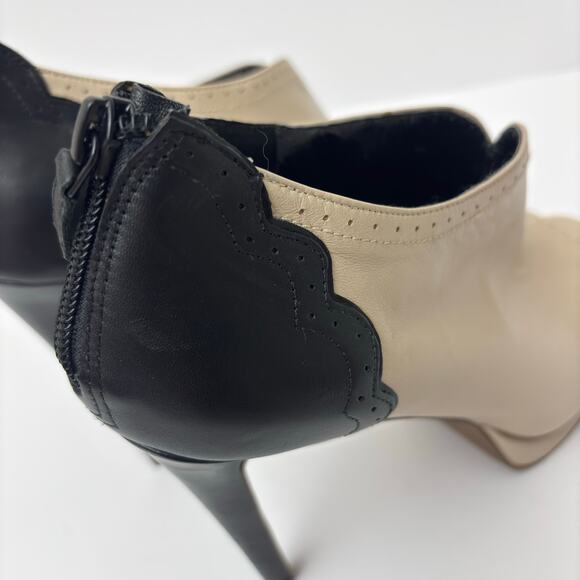 Trouve Two Tone Black & Ivory Vintage Style Stiletto Peep Toe Leather Booties-10 - Picture 5 of 10